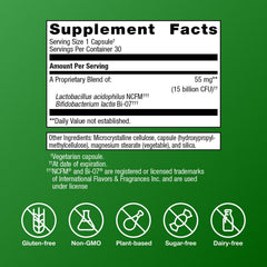 Metagenics UltraFlora Balance bottle label close-up; contains B. lactis Bi-07 and L. acidophilus NCFM
