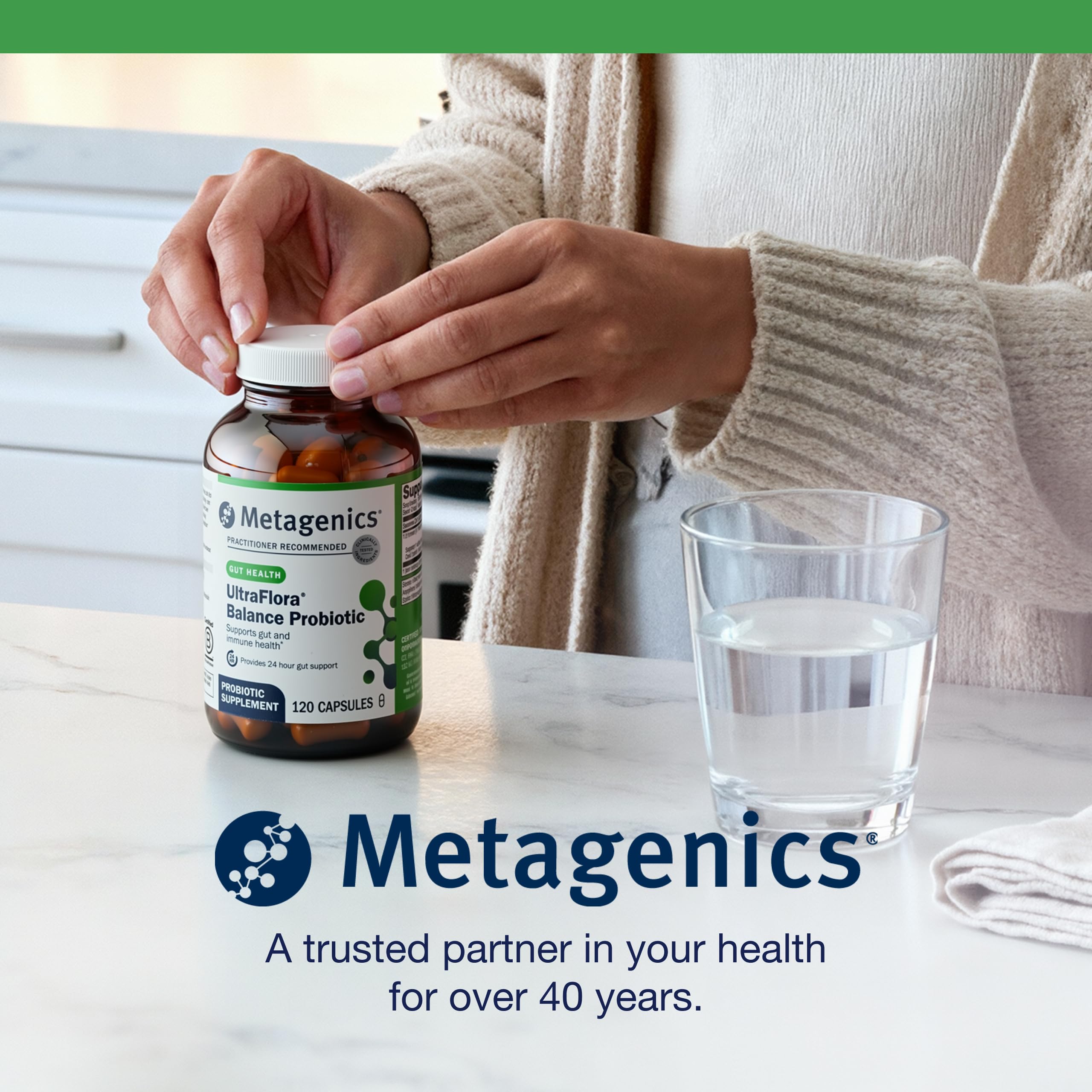 Metagenics UltraFlora Balance on a lifestyle shot suggesting immune and digestive support.