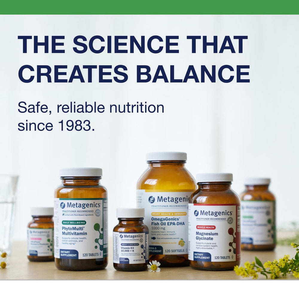 Metagenics UltraFlora Balance bottle in kitchen; easy daily routine integration