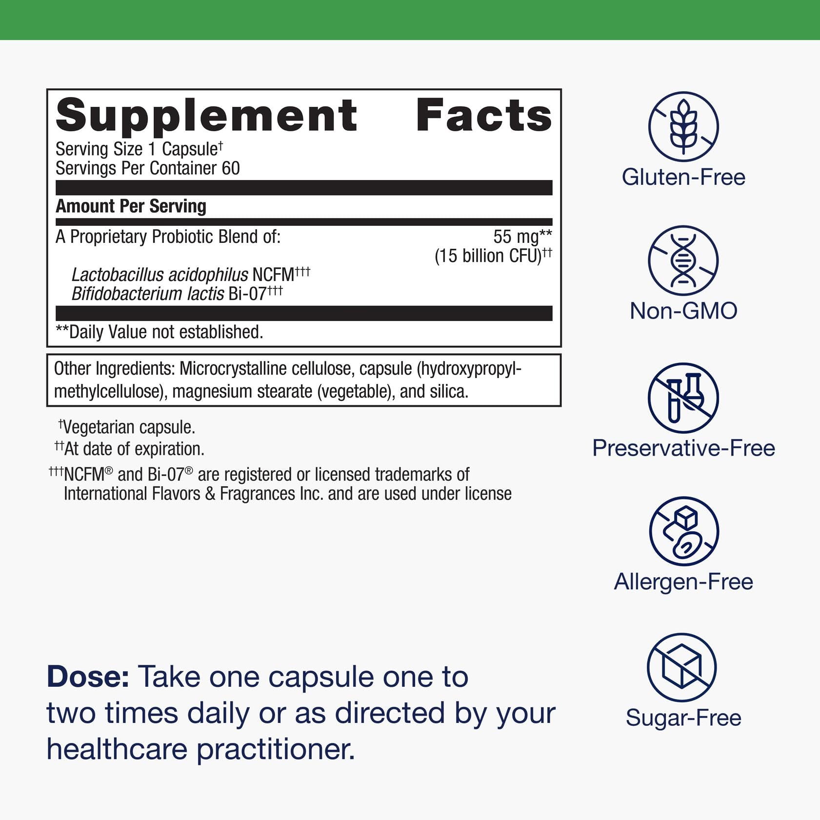 Metagenics UltraFlora Balance packaging highlights non-GMO and gluten-free.