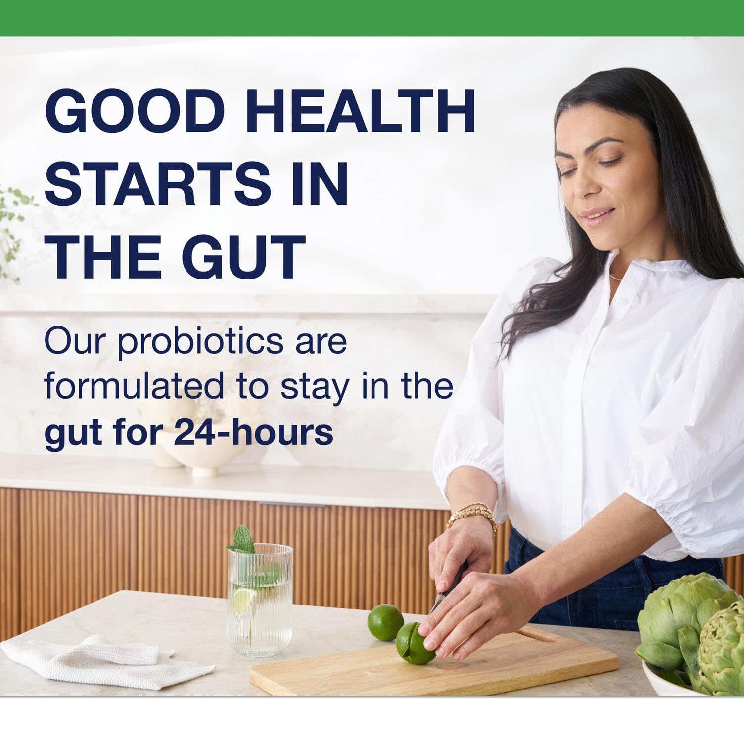 Graphic showing eight probiotic strains including Lactobacillus acidophilus NCFM and Bifidobacterium lactis BI-04