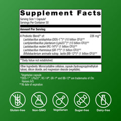 Metagenics UltraFlora Complete Women's Probiotic capsules close-up show small easy-to-swallow design for daily use.