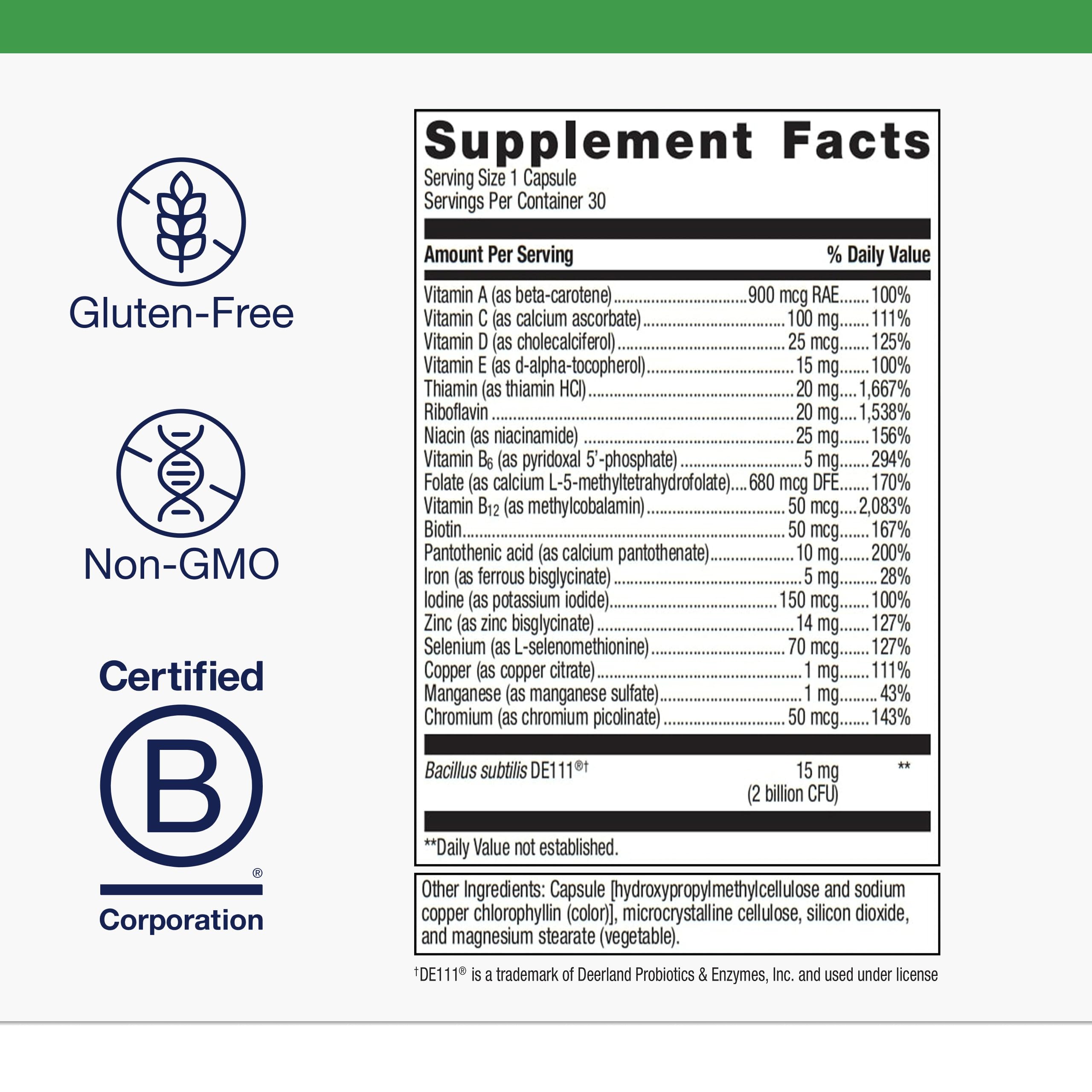 Metagenics UltraFlora Probiotic + Multivitamin capsules closeup — convenient gut health support.