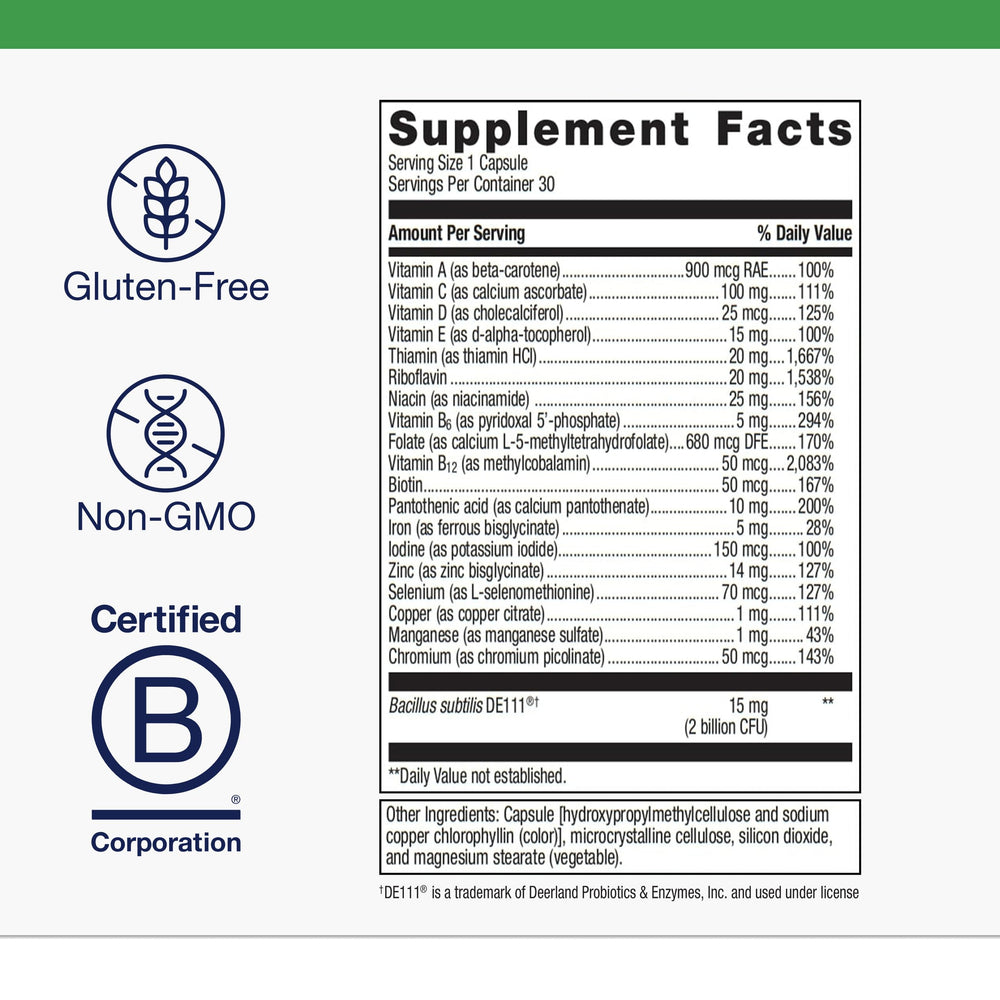 Metagenics UltraFlora Probiotic + Multivitamin capsules closeup — convenient gut health support.