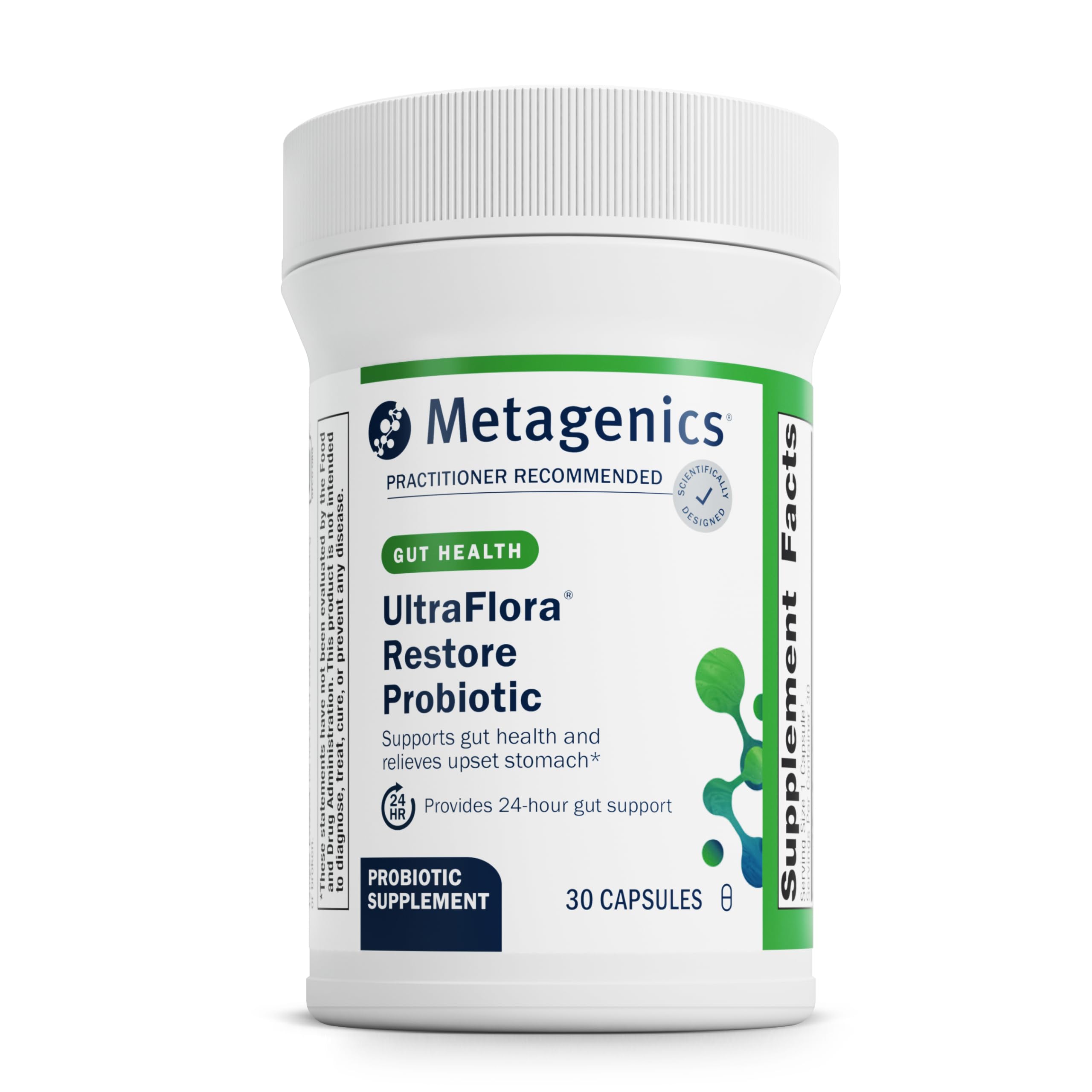 Metagenics UltraFlora Restore bottle-front for daily gut balance and convenience.