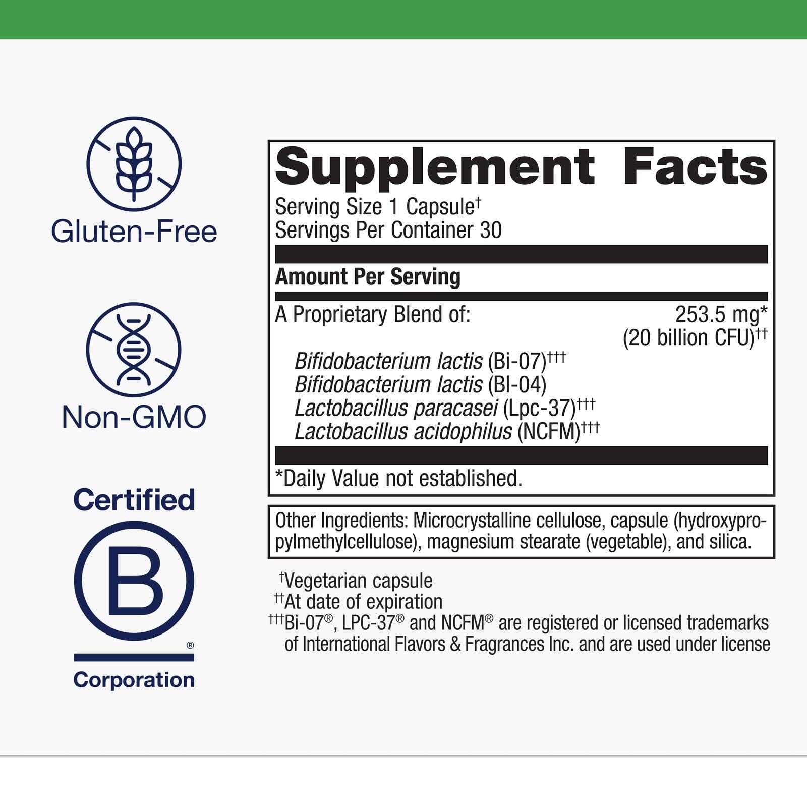 Capsules close-up of Metagenics UltraFlora Restore, featuring four probiotic strains for gut health.