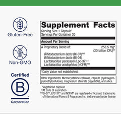 Capsules close-up of Metagenics UltraFlora Restore, featuring four probiotic strains for gut health.