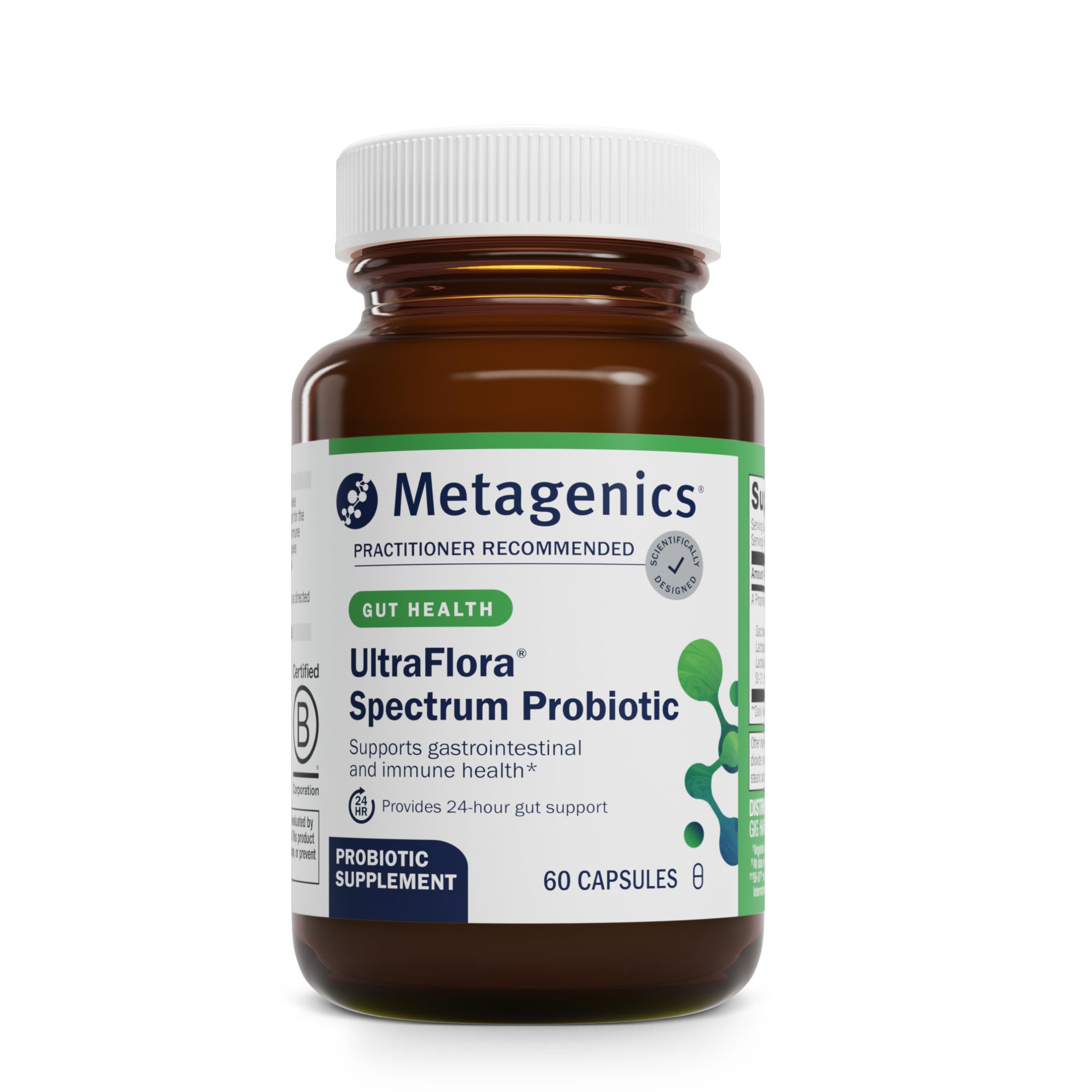 Metagenics UltraFlora Spectrum bottle offers 60 capsules for daily probiotic support.