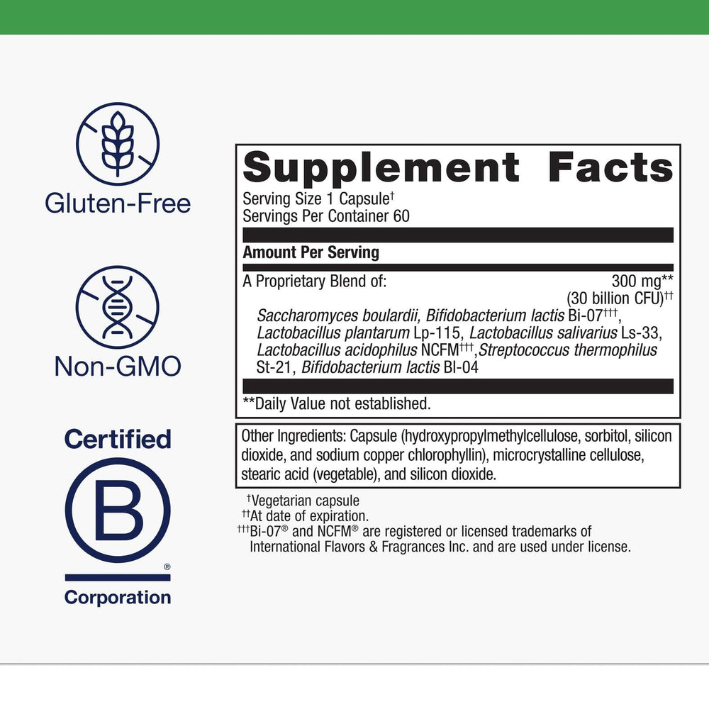Close-up of Metagenics UltraFlora Spectrum capsules highlights a shelf-stable, vegetarian formula.
