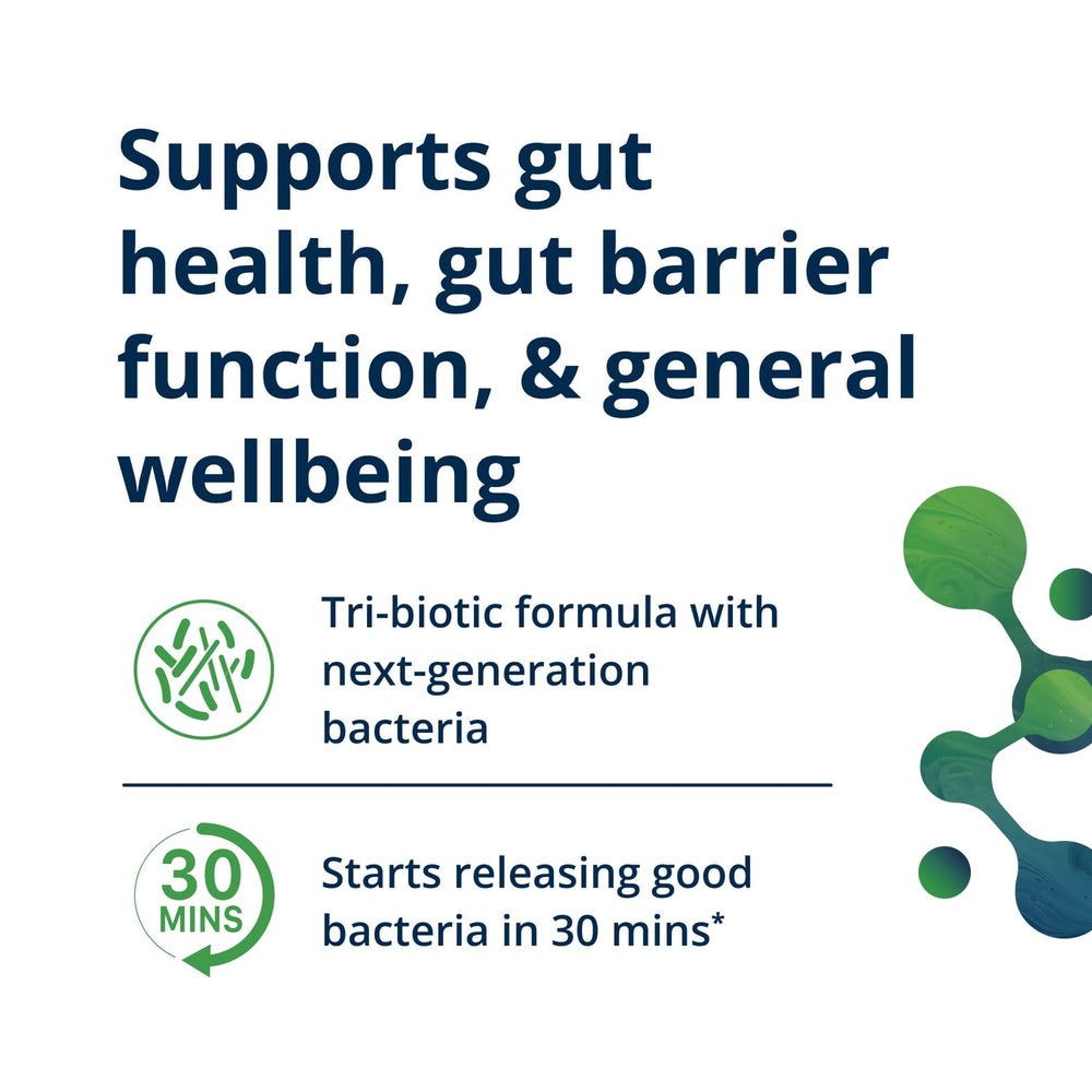 Metagenics UltraFlora Triplebiotic Akkermansia ingredient visual for gut barrier support.