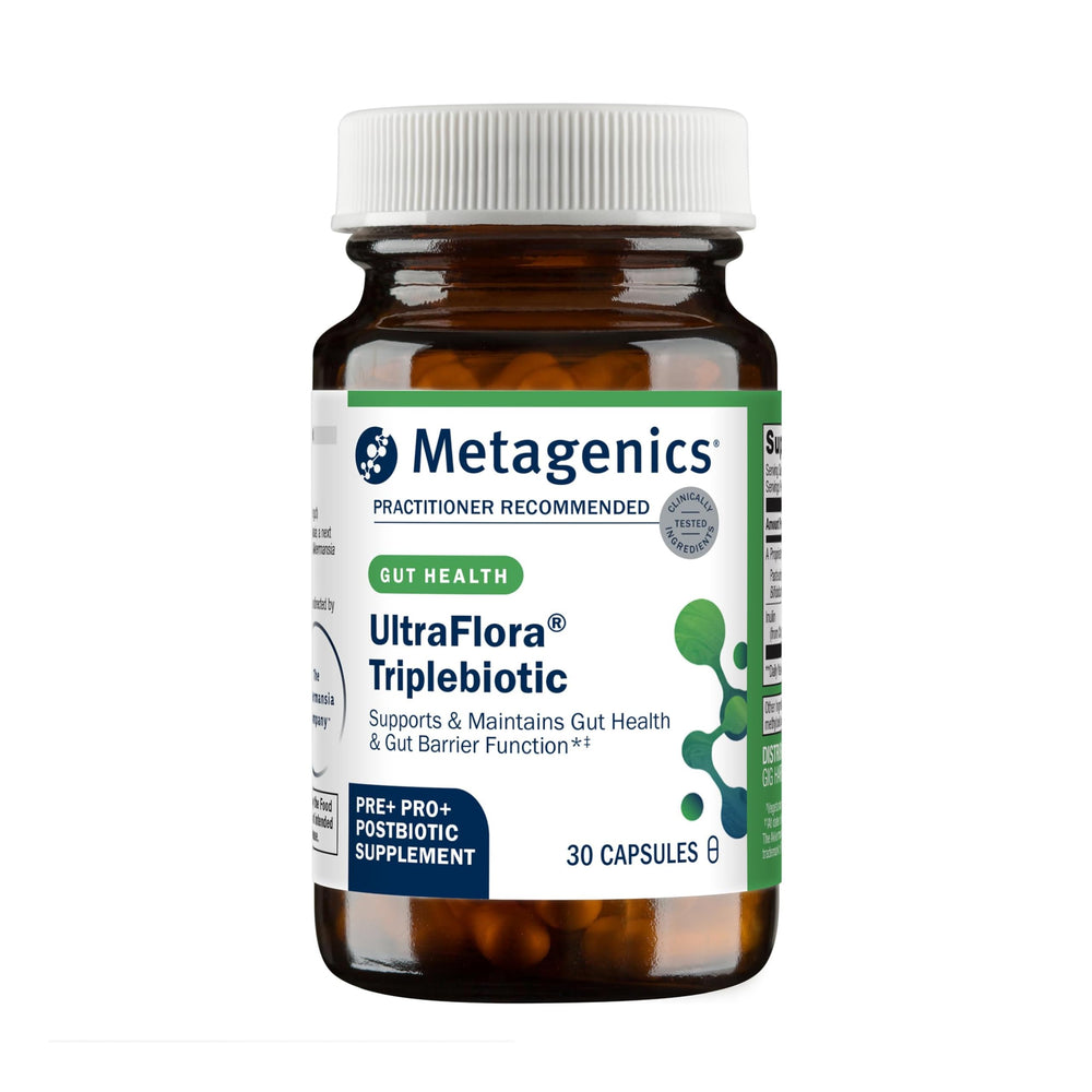 Metagenics UltraFlora Triplebiotic bottle front showing shelf-stable gut support.