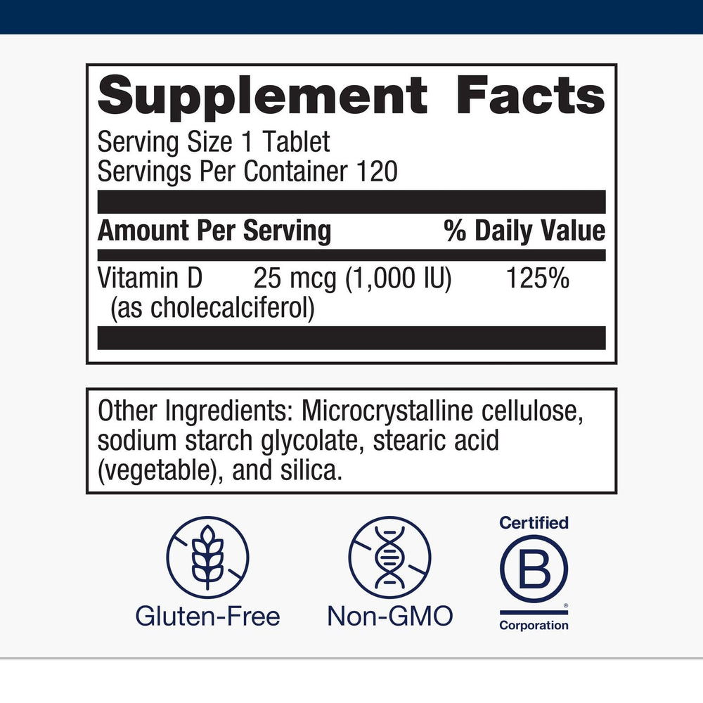 Metagenics Vitamin D3 1000 IU bottle full label highlights potency and regulatory details.