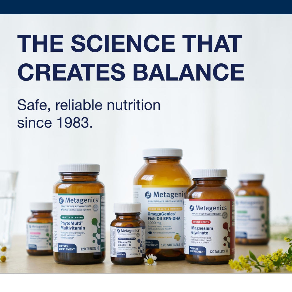 Metagenics Vitamin D3 1000 IU NPN label visible for regulatory reference.