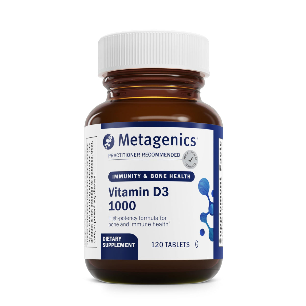 Metagenics Vitamin D3 1000 IU tablet front view for daily bone and immune support.
