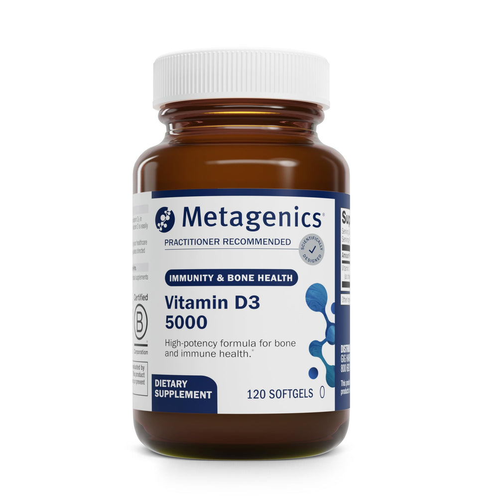 Metagenics Vitamin D3 5000 IU softgels bottle view supports immune health