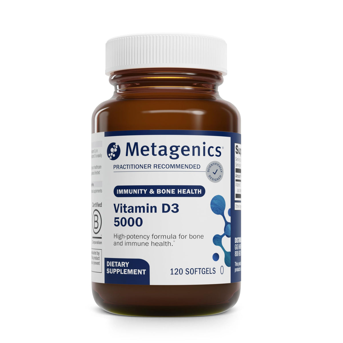 Metagenics Vitamin D3 5000 IU softgels bottle view supports immune health