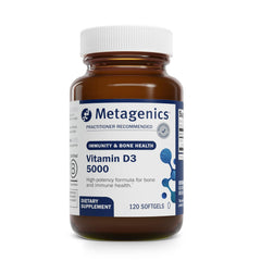 Metagenics Vitamin D3 5000 IU softgels bottle view supports immune health
