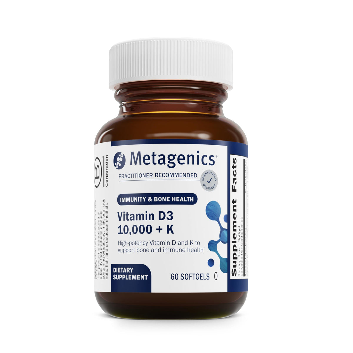 Metagenics Vitamin D3 + K bottle pour showing daily dosage for bone and immune support