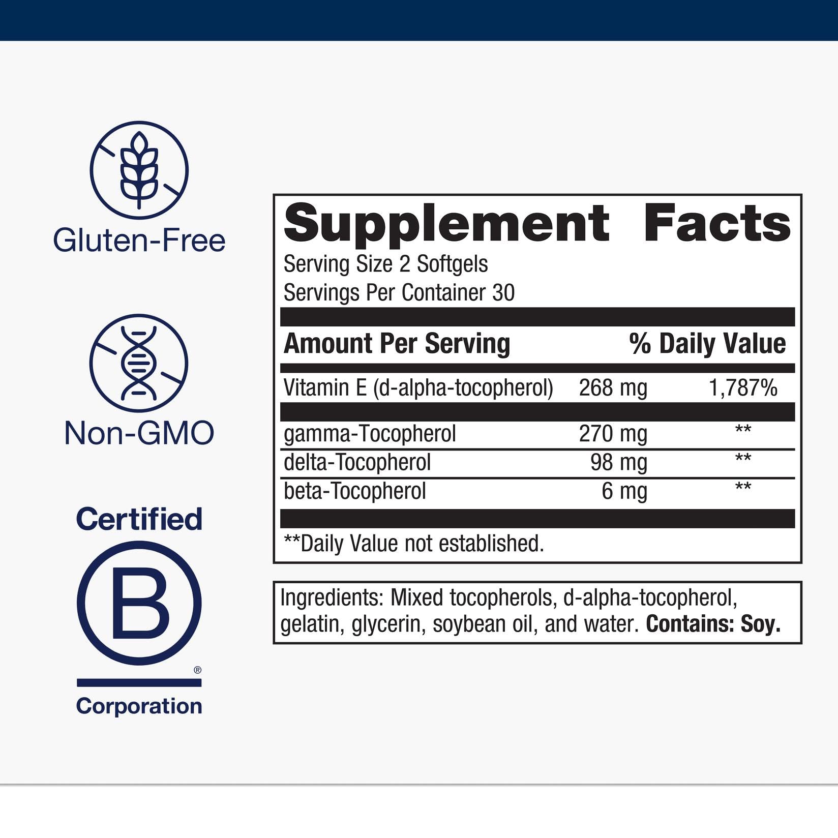 Metagenics Vitamin E mixed tocopherols bottle-side label details for non-GMO, gluten-free formula