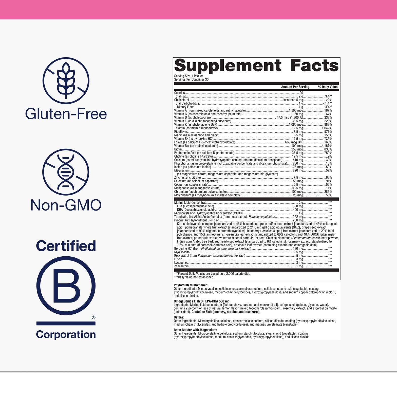 Metagenics Women's Prime bottle closeup highlights gluten-free, non-GMO multivitamin blend.