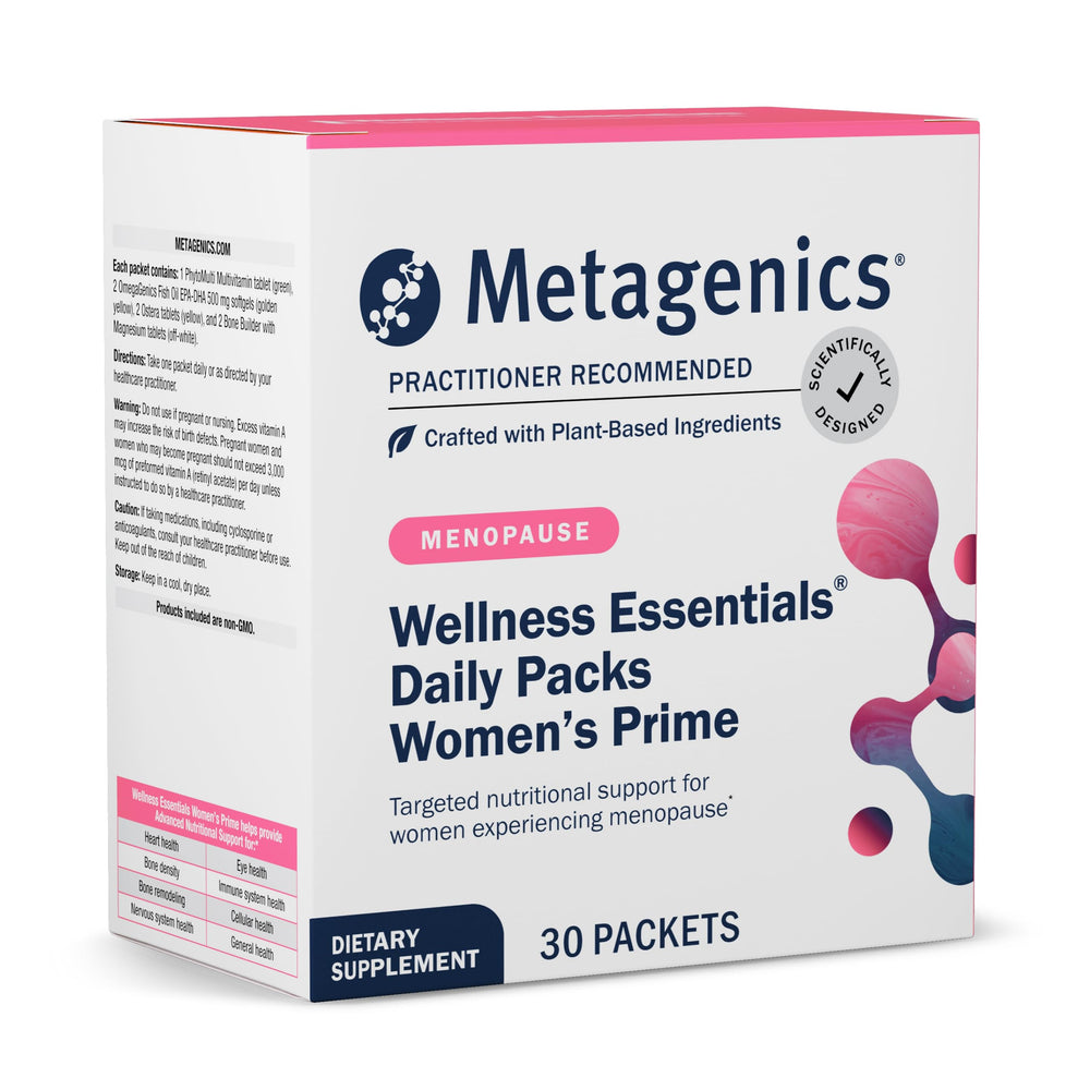 Metagenics Women's Prime daily packets shown for menopause support and daily energy balance.