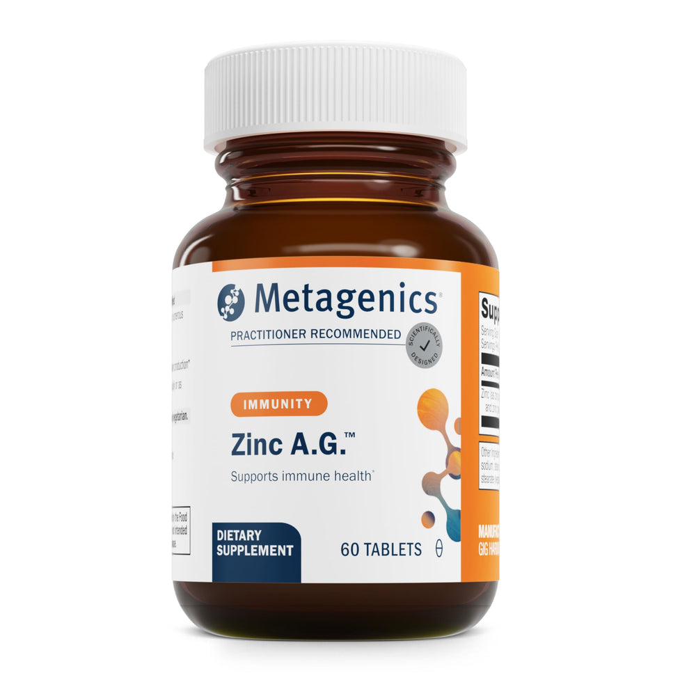 Metagenics Zinc A.G. bottle front highlighting chelated zinc for immune support