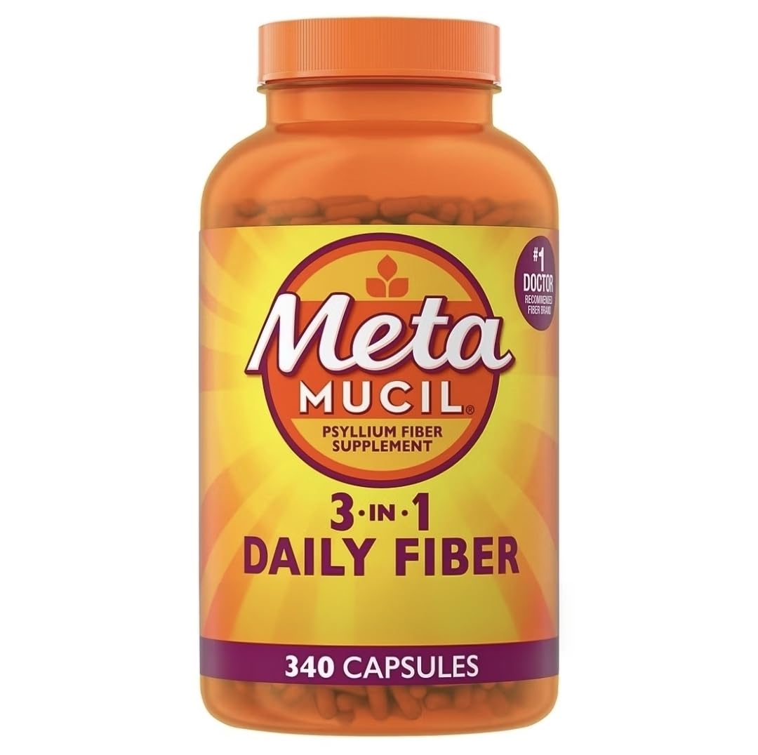 Metamucil 3-in-1 fiber capsules bottle on table supports daily routine