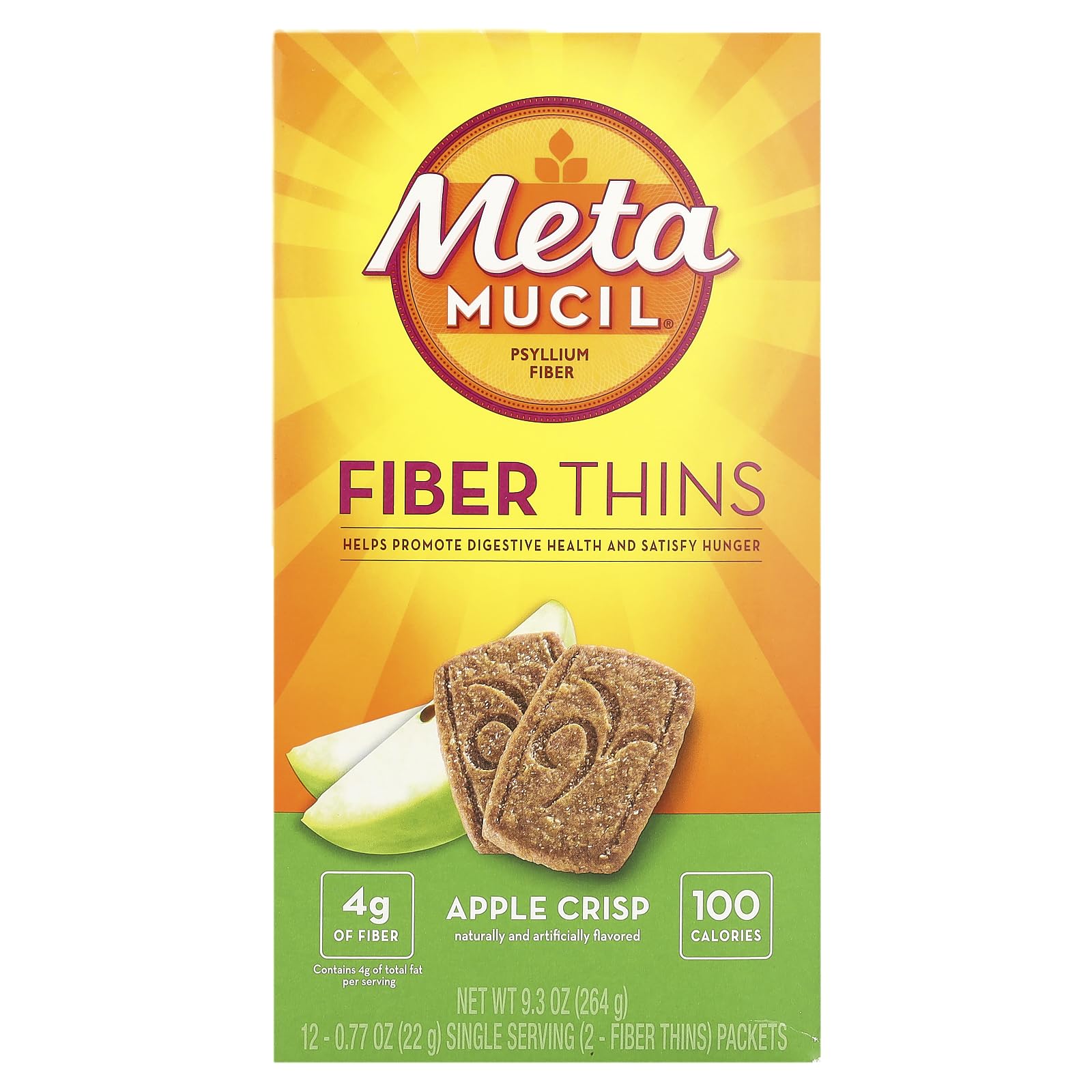 Metamucil front packaging showing apple crisp wafers and fiber benefit