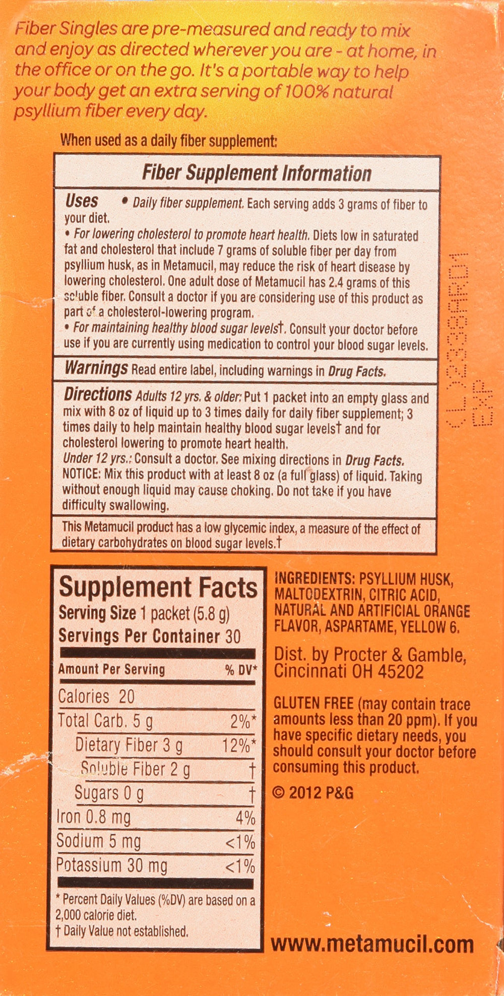 Metamucil box front orange label featuring sugar-free orange flavor.