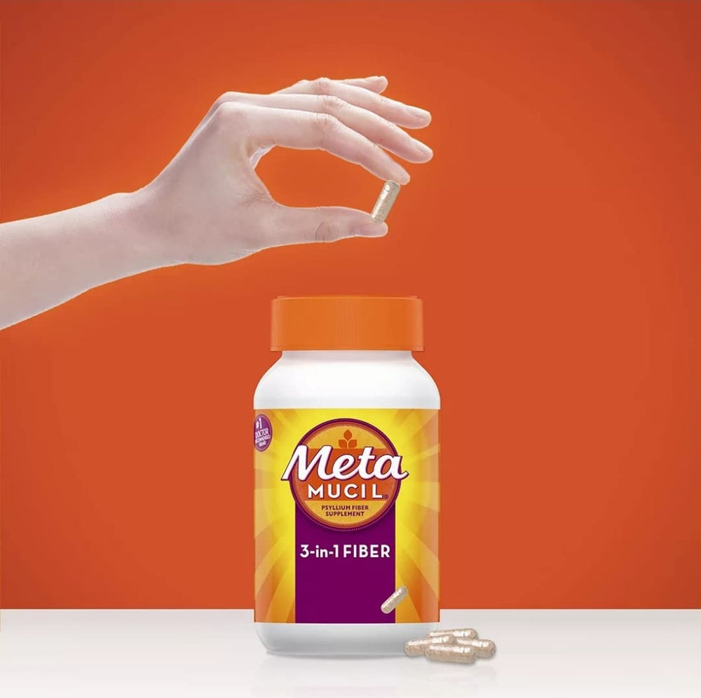 Metamucil capsules close-up highlighting psyllium fiber and digestive health.