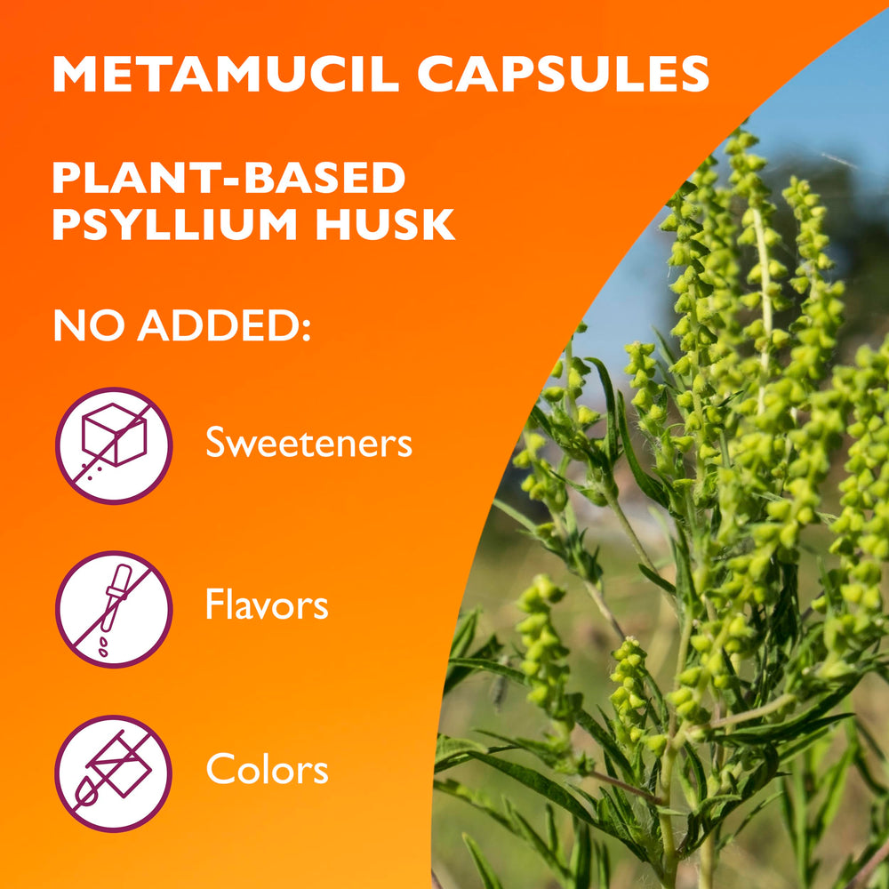 Metamucil capsules on a kitchen counter for a convenient fiber option.