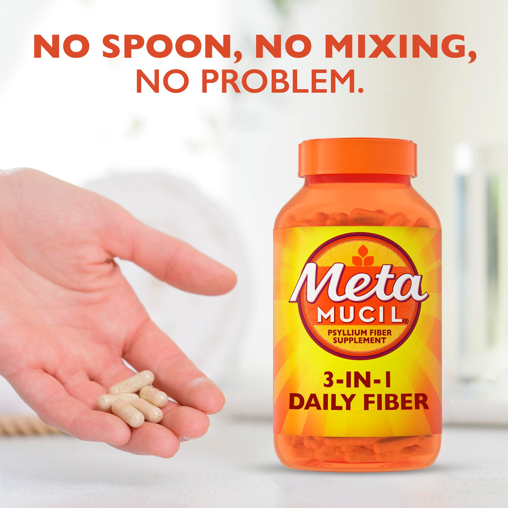 Metamucil bottle on kitchen counter for daily use.