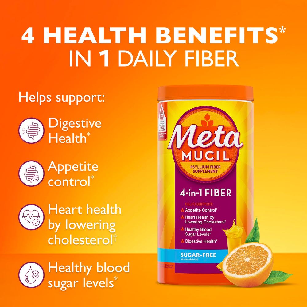 Metamucil glass with prepared drink shows convenient daily fiber.