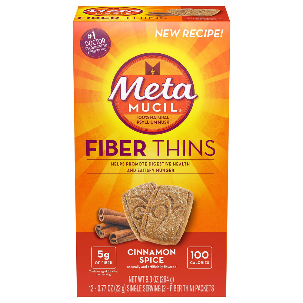 Metamucil Fiber Thins in a value-pack box, two-crisp serving, convenient fiber source.