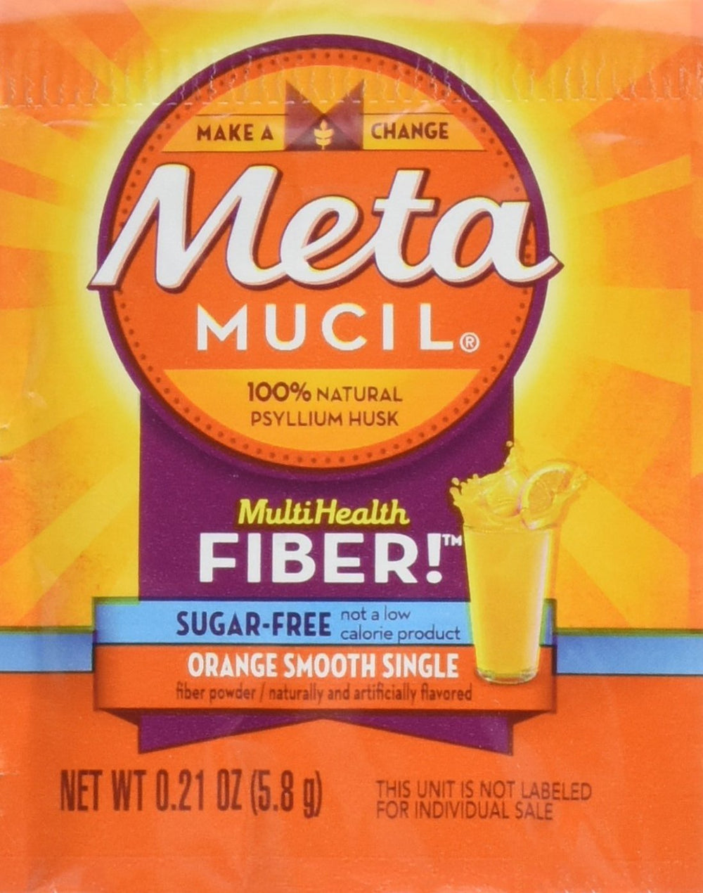 Metamucil MultiHealth orange smooth packaging, convenient on-the-go fiber for daily digestive support.
