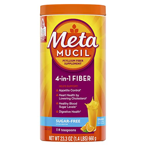 Metamucil orange-flavor fiber on breakfast table.