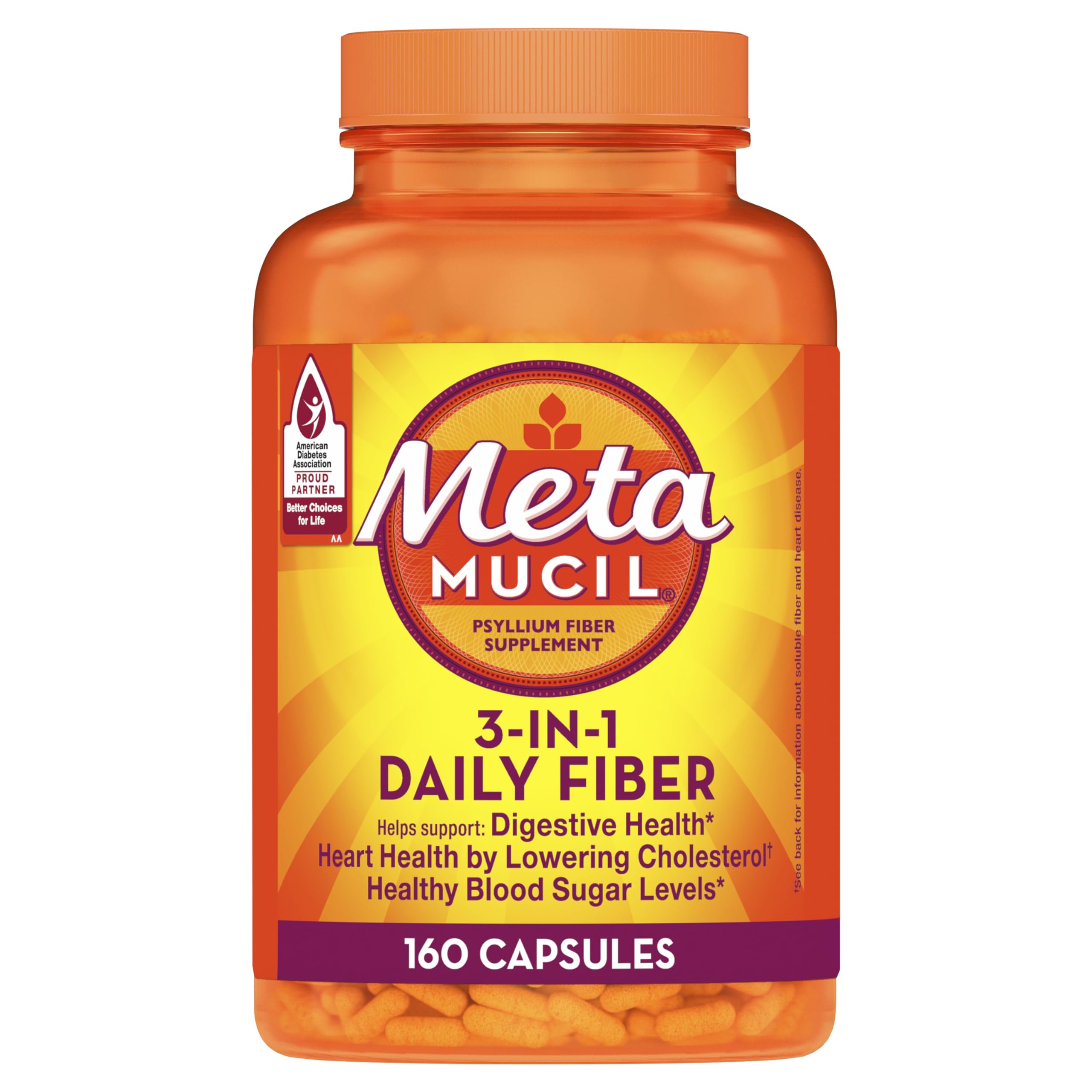 Metamucil psyllium husk capsules bottle 160-count demonstrates easy daily fiber support