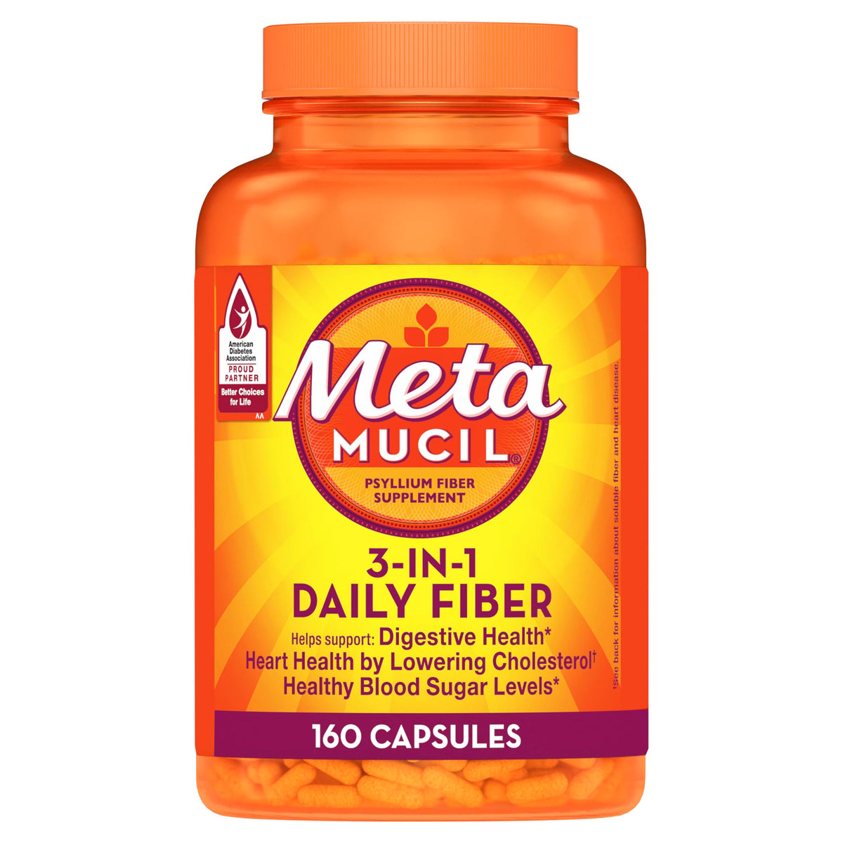 Metamucil psyllium husk capsules bottle 160-count demonstrates easy daily fiber support