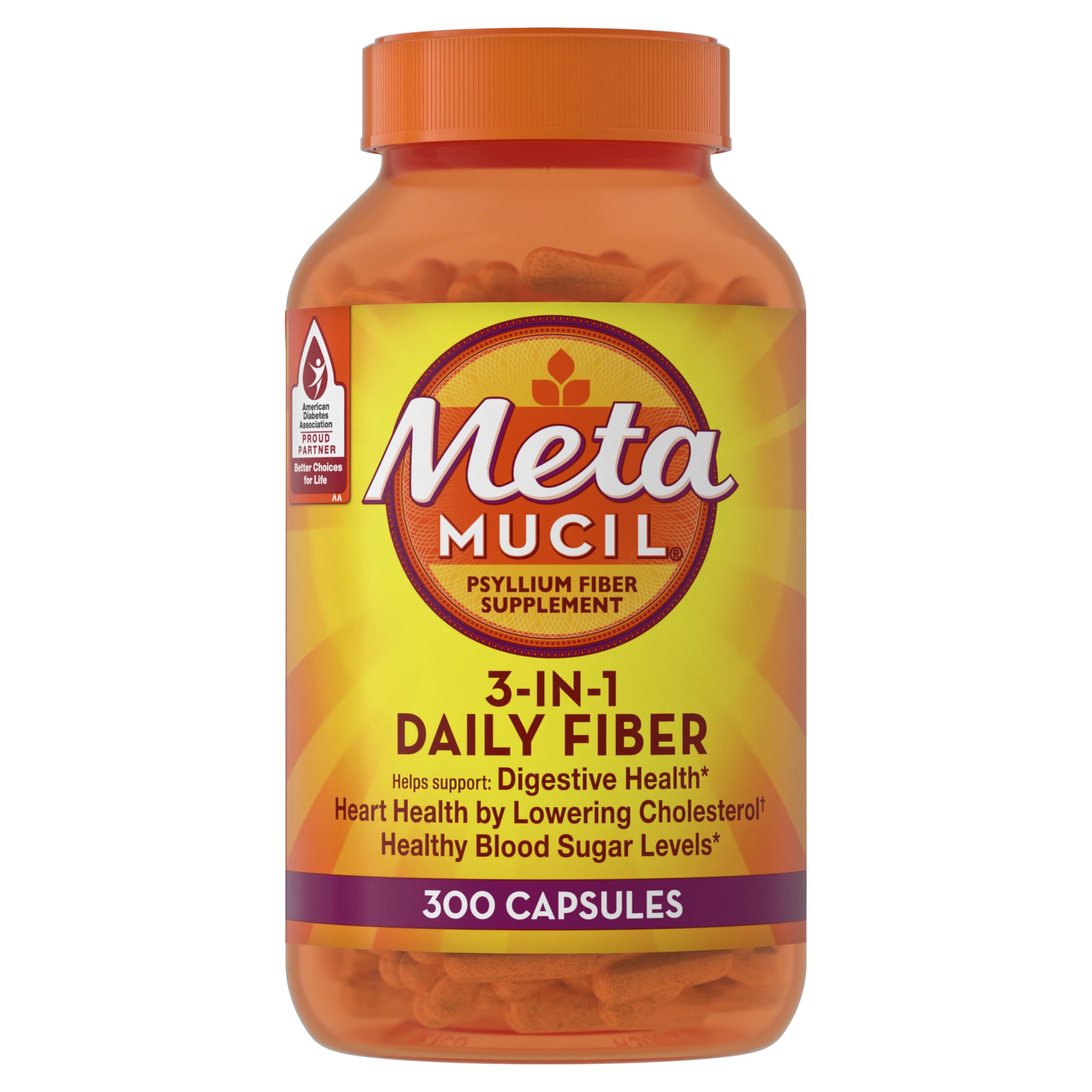 Metamucil psyllium husk capsules bottle for daily fiber support.
