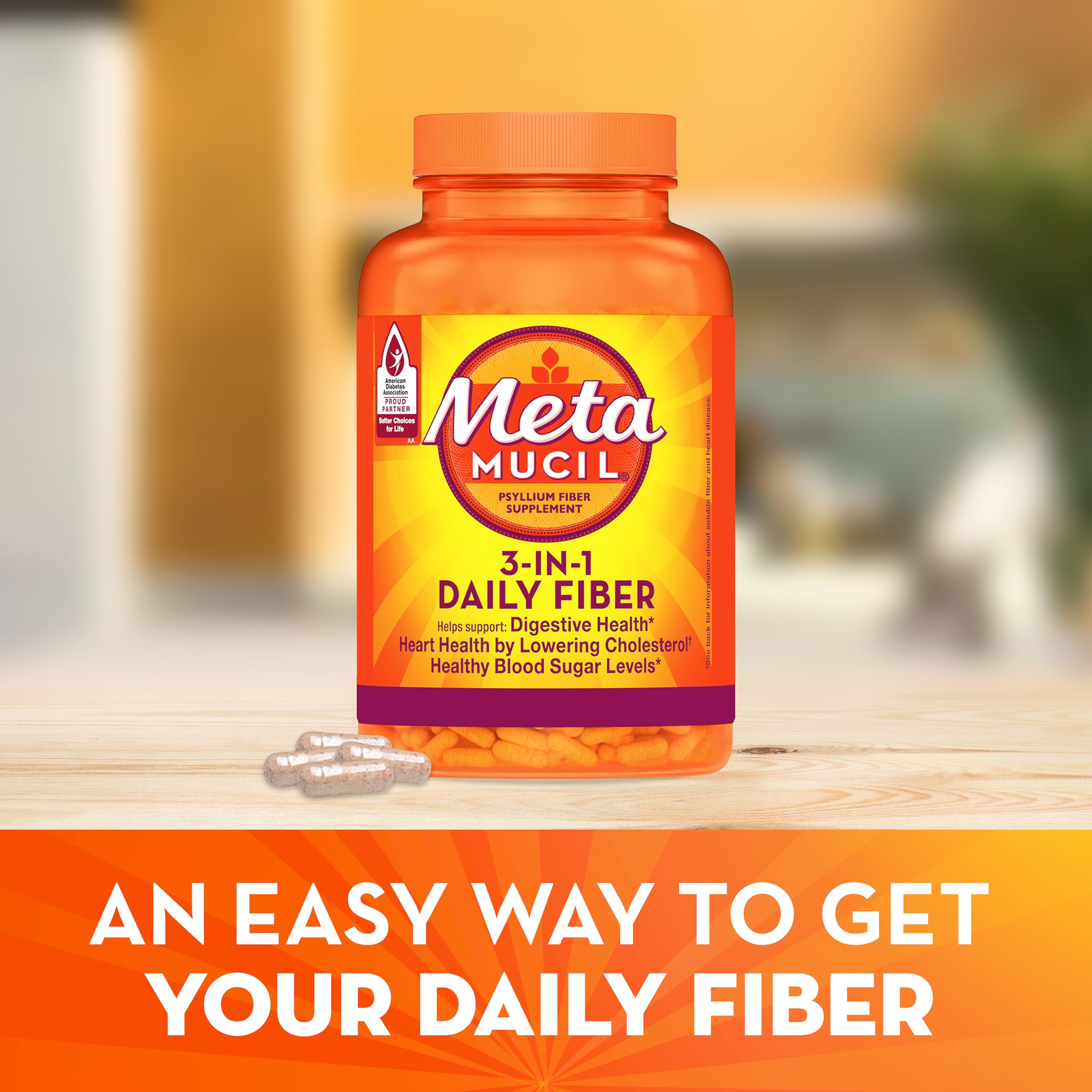 Metamucil psyllium husk capsules label closeup highlights 3-in-1 fiber benefits