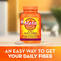Metamucil psyllium husk capsules label closeup highlights 3-in-1 fiber benefits