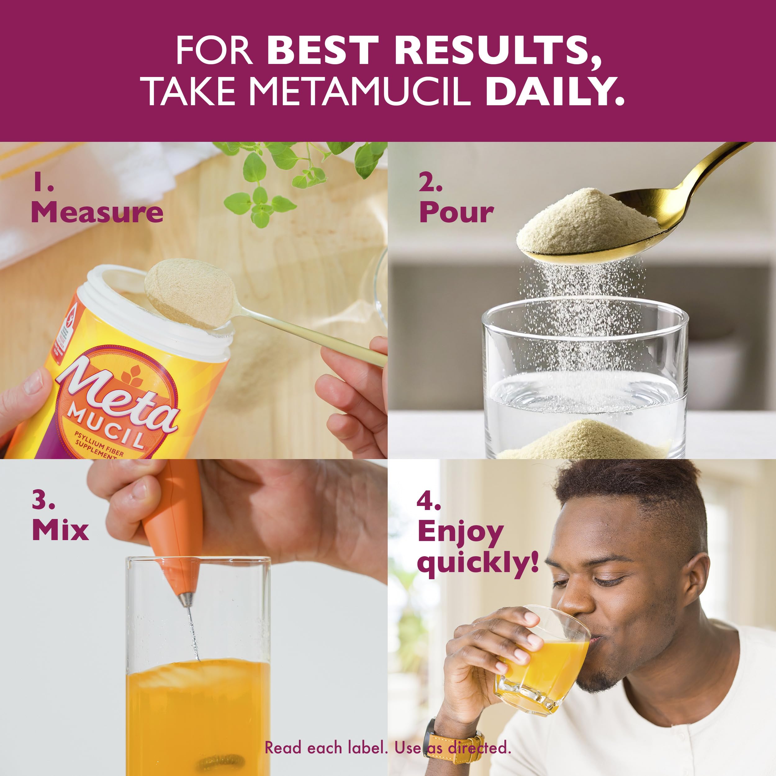 Metamucil smooth-texture powder highlights easy mixing.