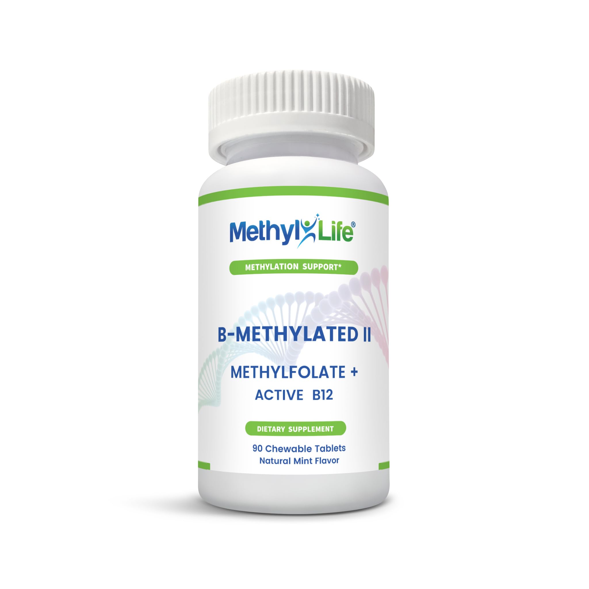 Methyl-Life B-Methylated II tablet close-up showing vegan, active folate and B12 in a chewable form.