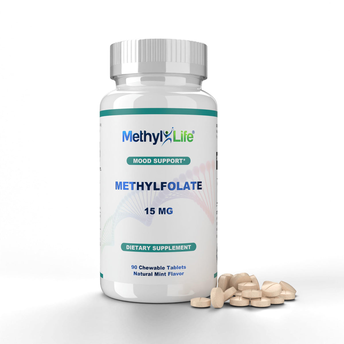 Methyl-Life L-Methylfolate 15mg mint chewable tablets for easy daily use.