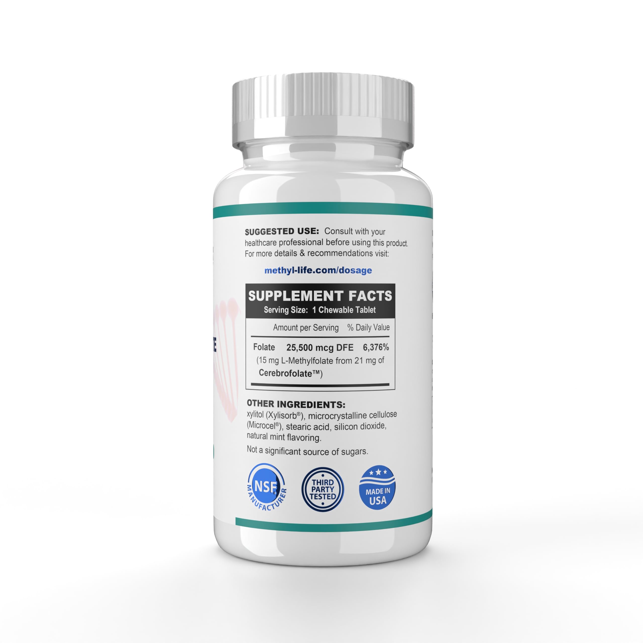 Methyl-Life label notes Cerebrofolate content and calcium chelate on packaging.