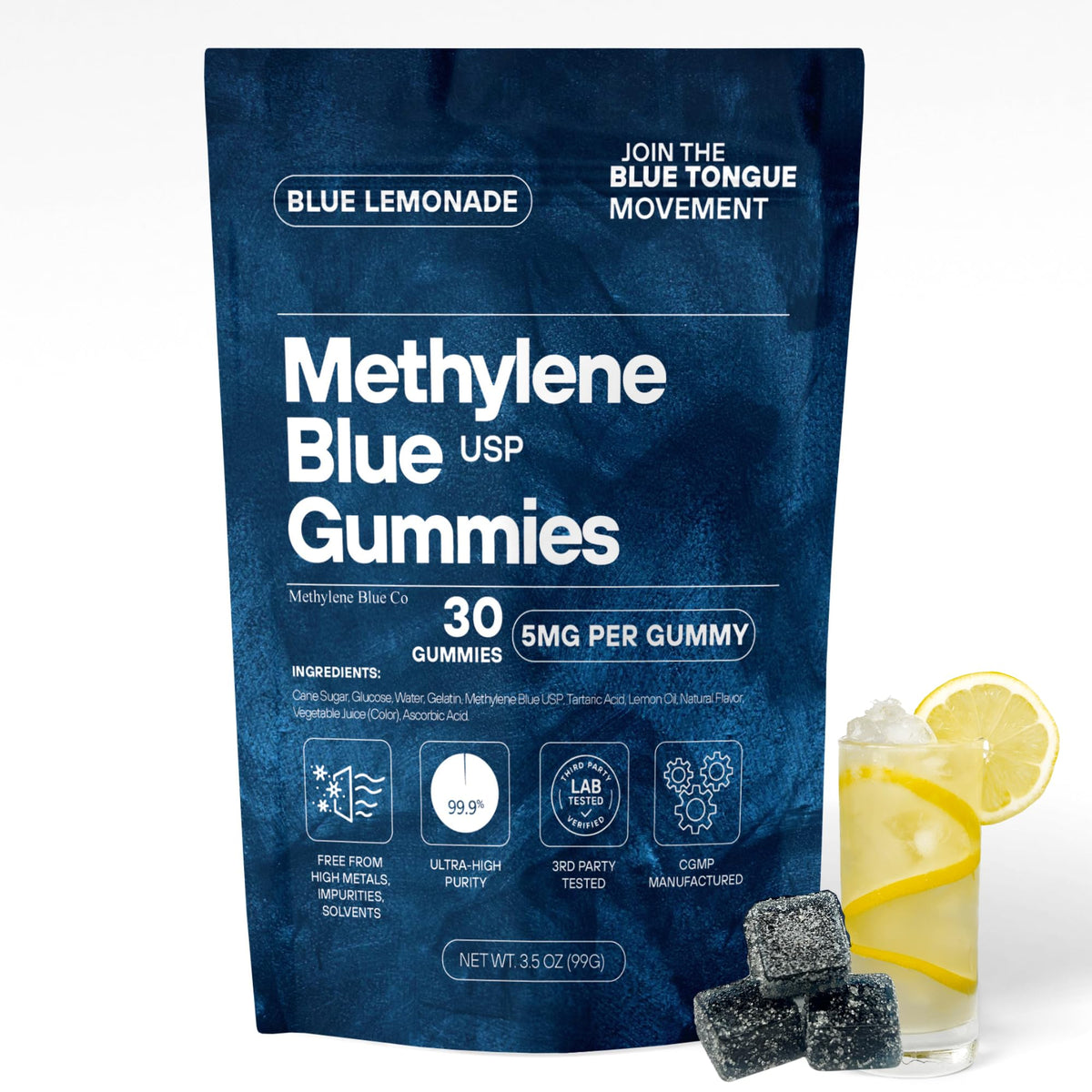Methylene Blue Co bottle front view with 30 count convenience.