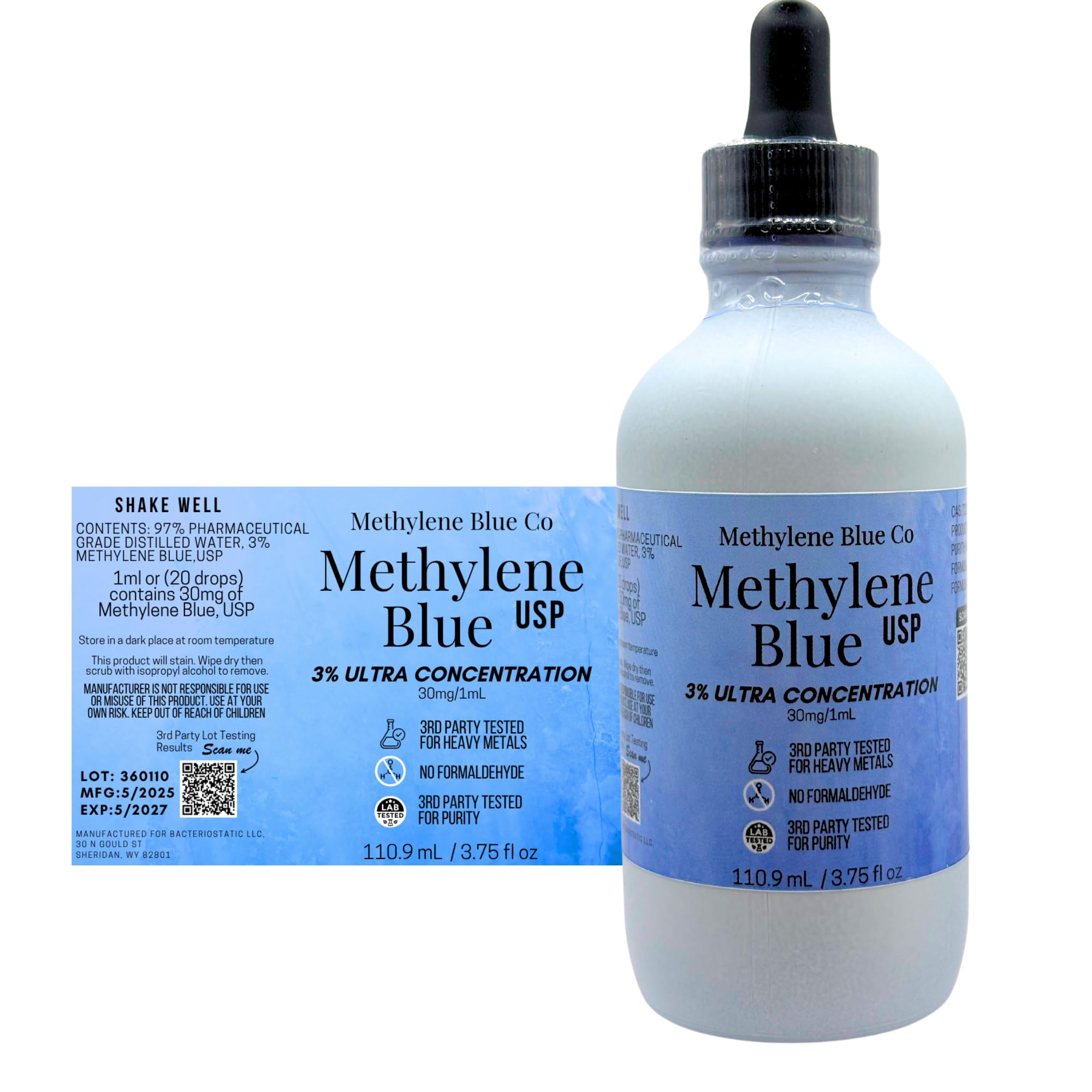 Methylene Blue Co bottle with dropper for precise dosing and preserved potency.