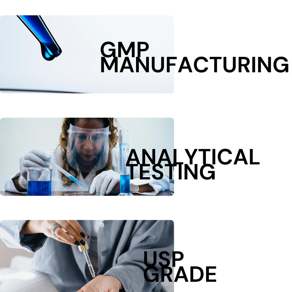 Methylene Blue Co bottle label view highlighting USA-sourced pharmaceutical-grade quality.
