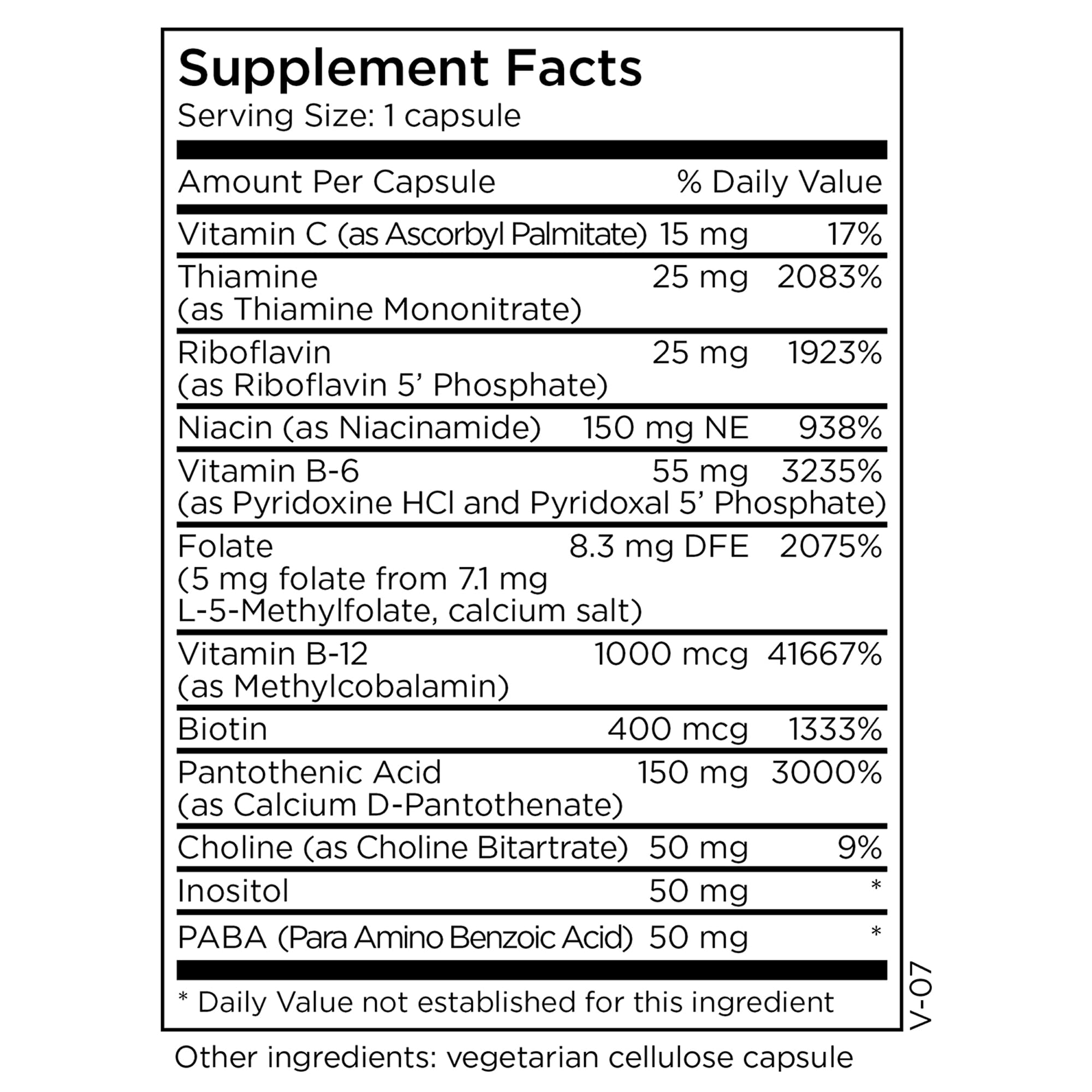 MethylPro B-Complex bottle back label with dosage details