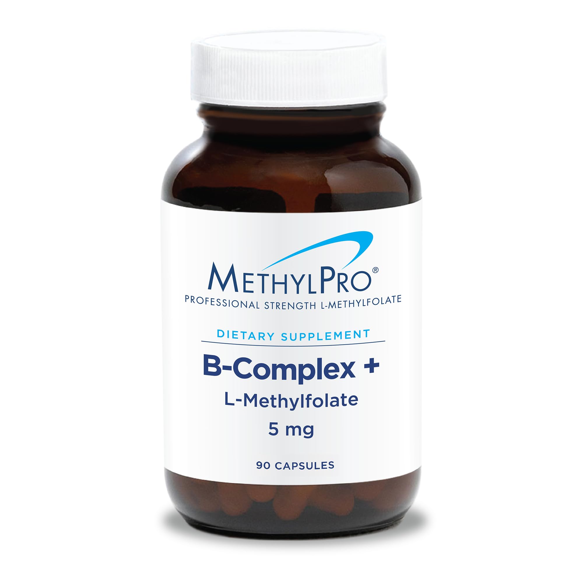 MethylPro B-Complex + L-Methylfolate bottle label showing 90 vegan capsules for energy.